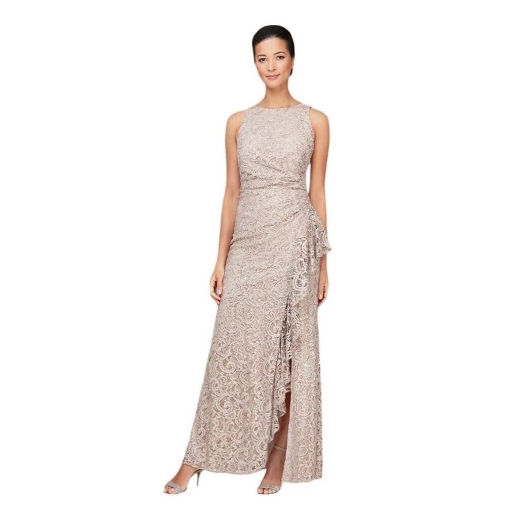 NWT Alex Evenings Buff Lace Sequin Maxi Gown Dress Ruched Ruffle Side Slit Sz 12